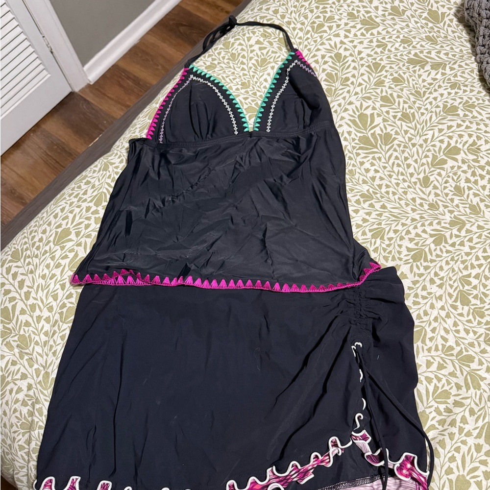 Black Halter Swimsuit with Pink and Green Accents